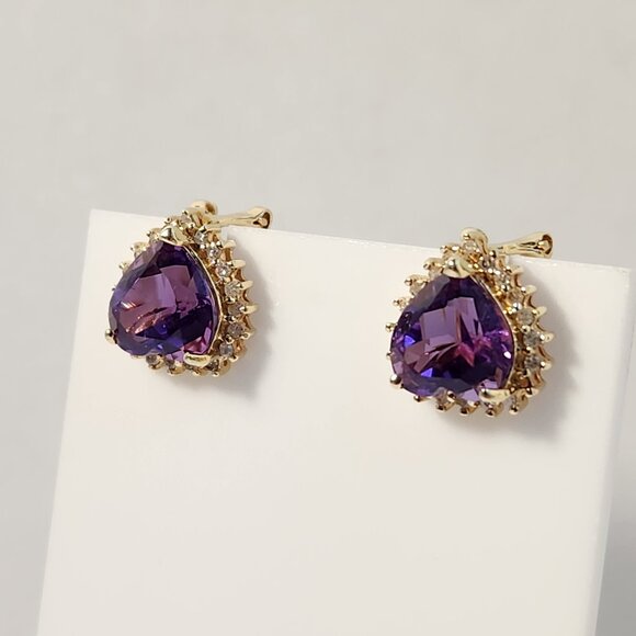 Vtg 80's 4.69g 14K Gold Natural Amethyst & Diamond Omega Back Earrings - Picture 3 of 15